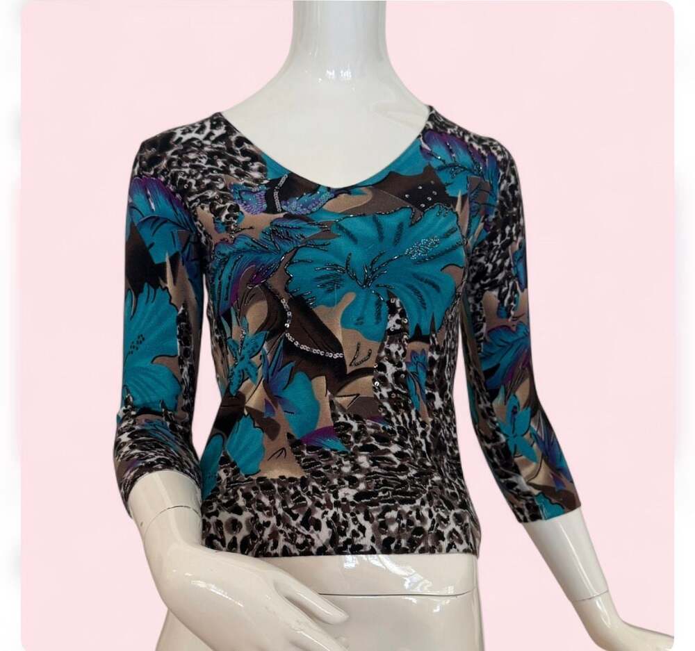 Vintage Caren Brook Beaded Animal Floral Print 3/4 Sleeve Knit Top